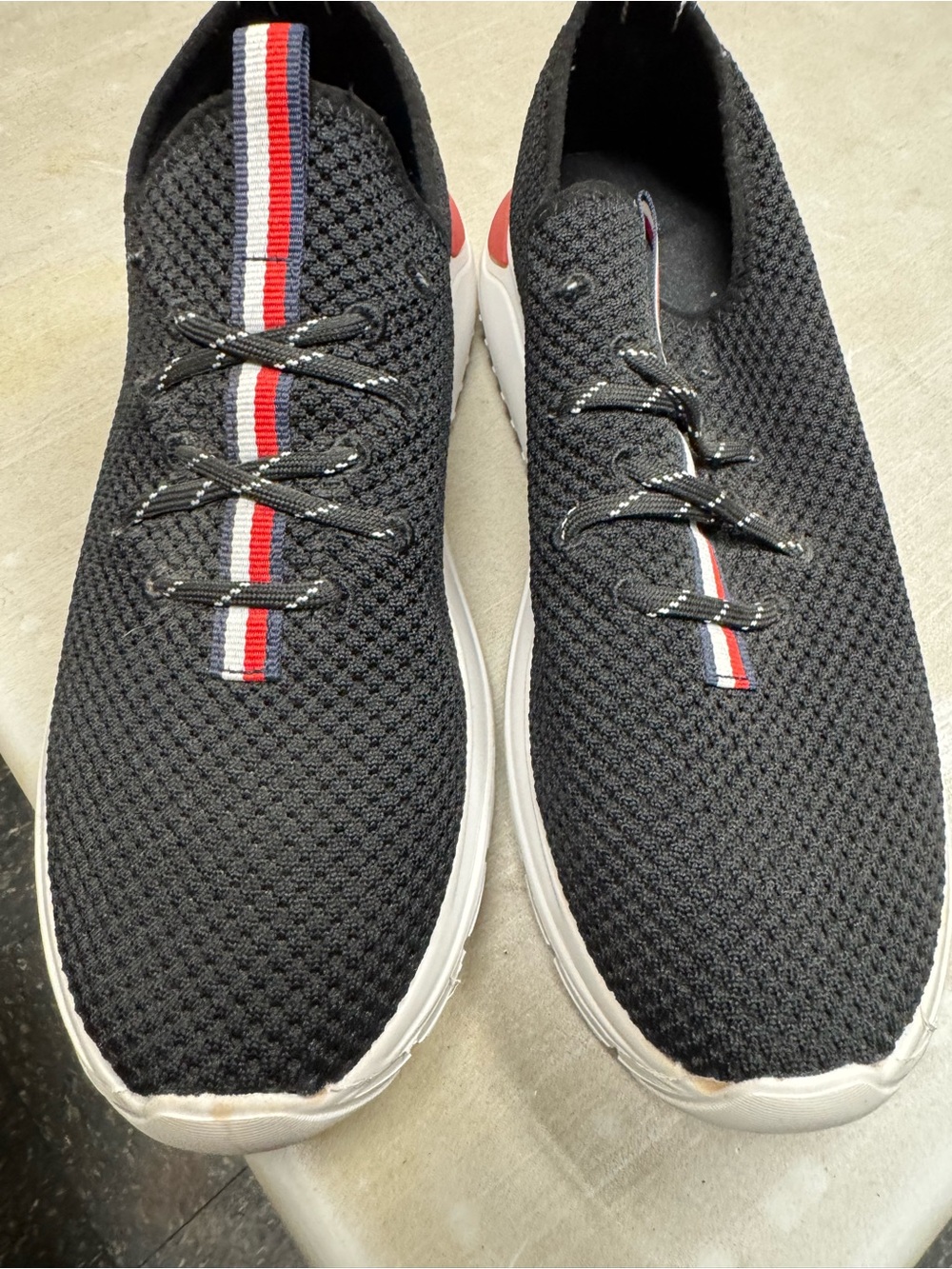 Tommy Hilfiger Black Knit Sneakers with Red & White Center Stripe